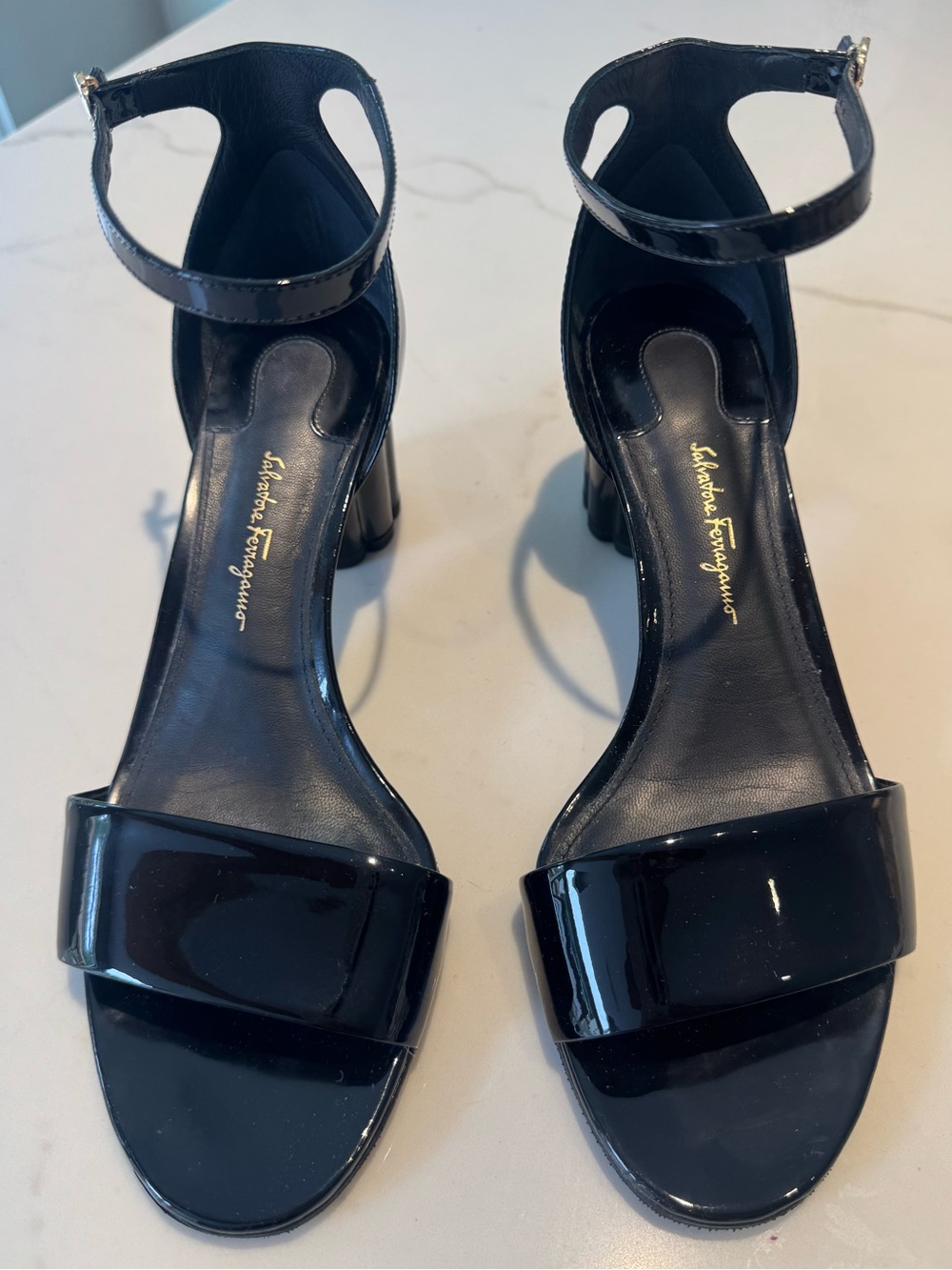 Salvatore Ferragamo Black Patent Leather Ankle-Strap Block Heels